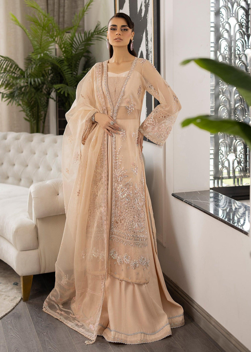 Peach Blossom Raw Silk Pakistani Formal Dresses