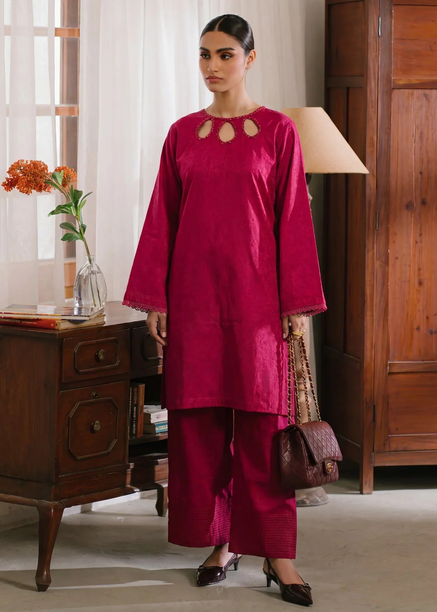 Yazra Maroon Premium Fabric Pakistani Summer Dresses - Sahiba-clothing - 1