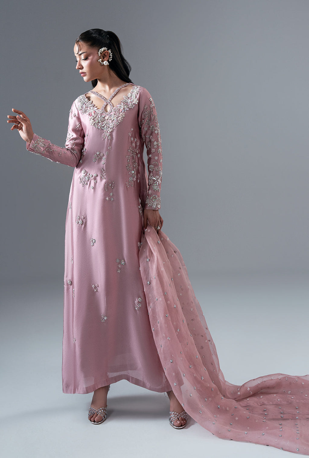 Dusty Rose Organza Pakistani Formal Dresses - AJR Couture - 1