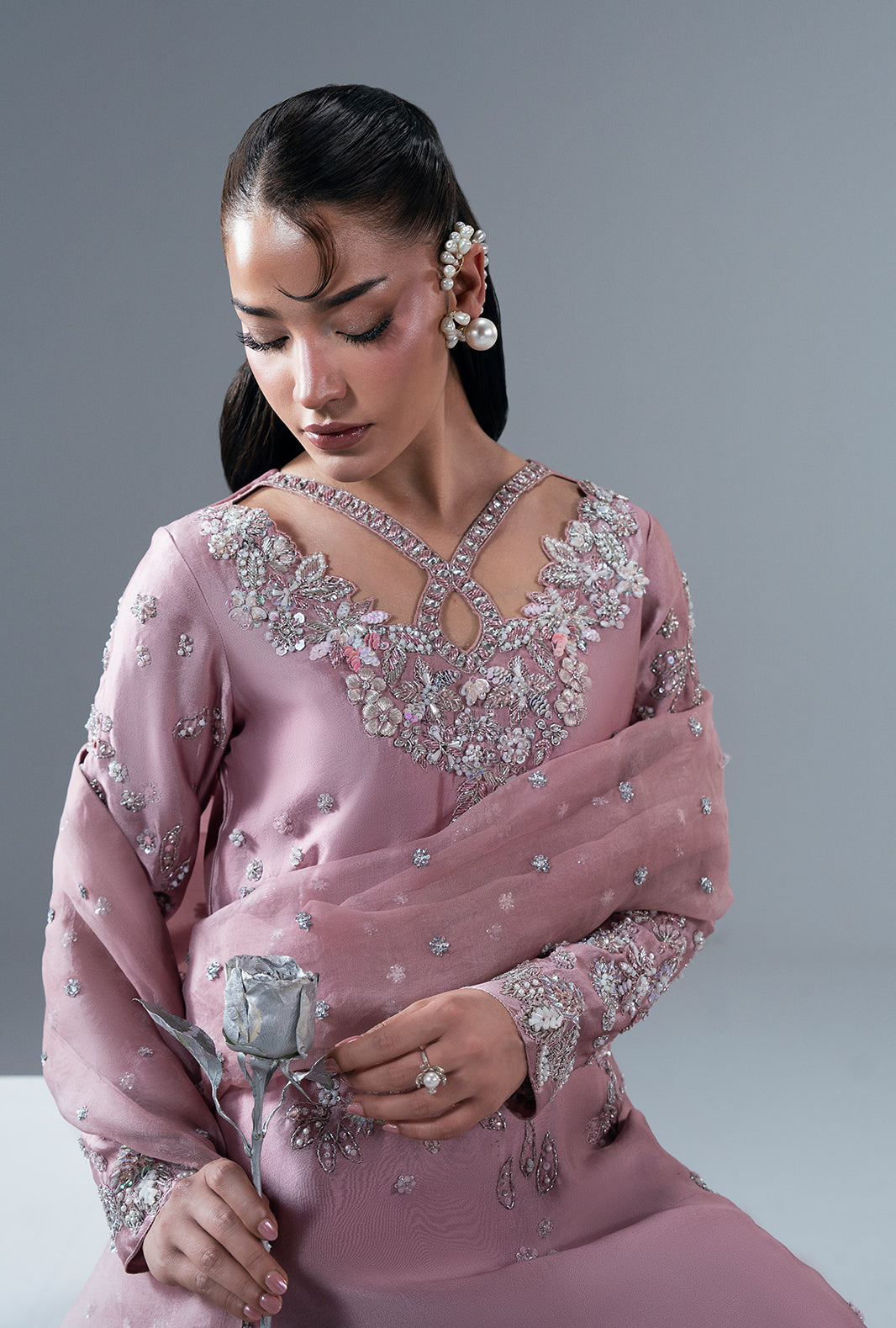 Dusty Rose Organza Pakistani Formal Dresses - AJR Couture - 7