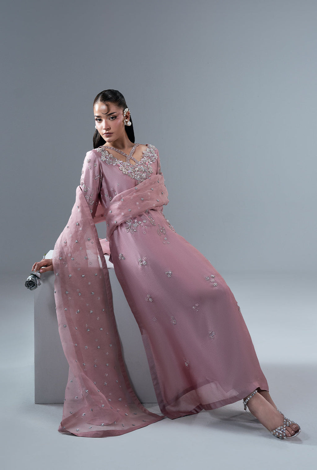 Dusty Rose Organza Pakistani Formal Dresses - AJR Couture - 9