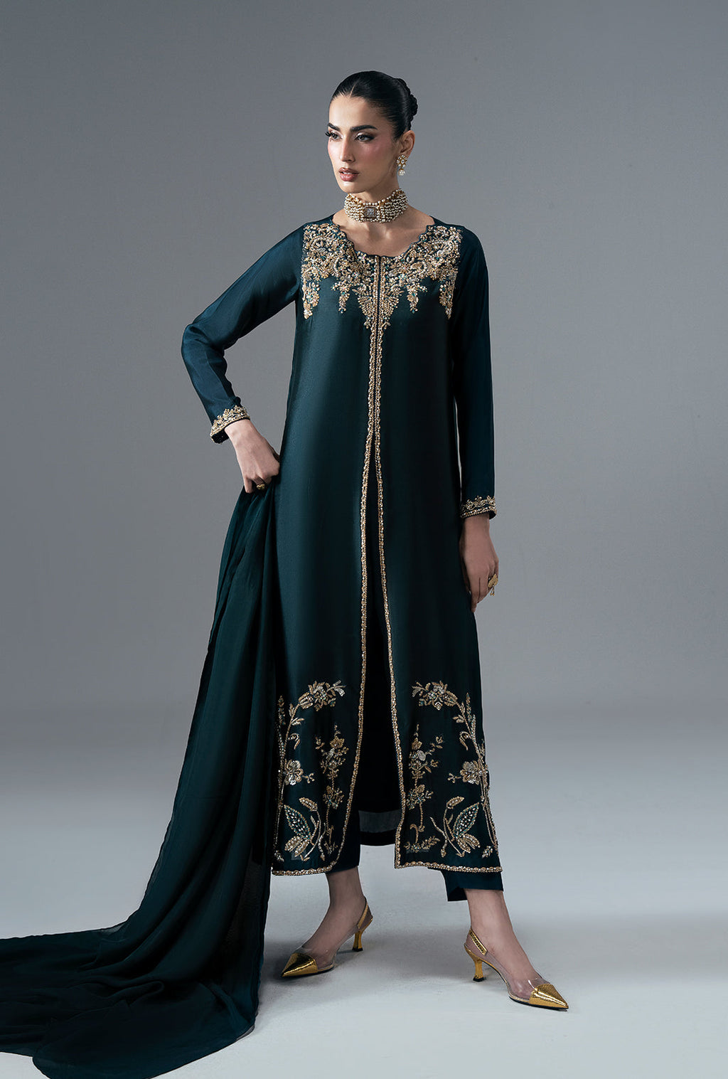 Jade Mirage Silk Pakistani Formal Dresses - AJR Couture - 1