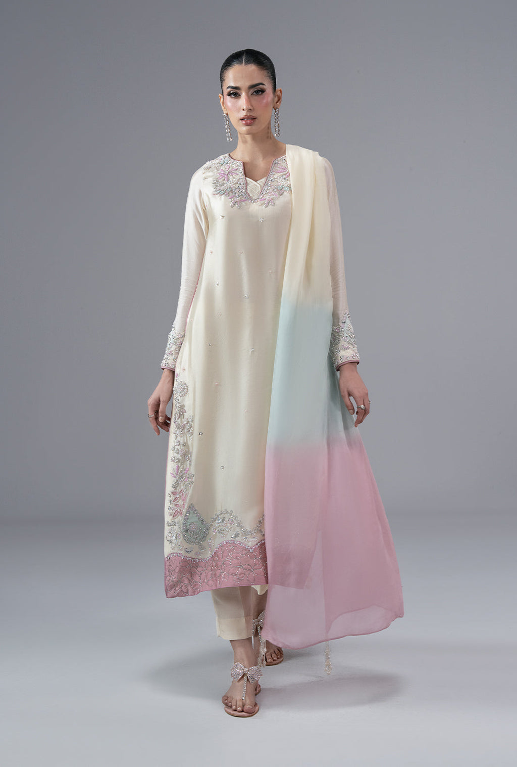 Ivory Muse Silk Pakistani Formal Dresses - AJR Couture - 1