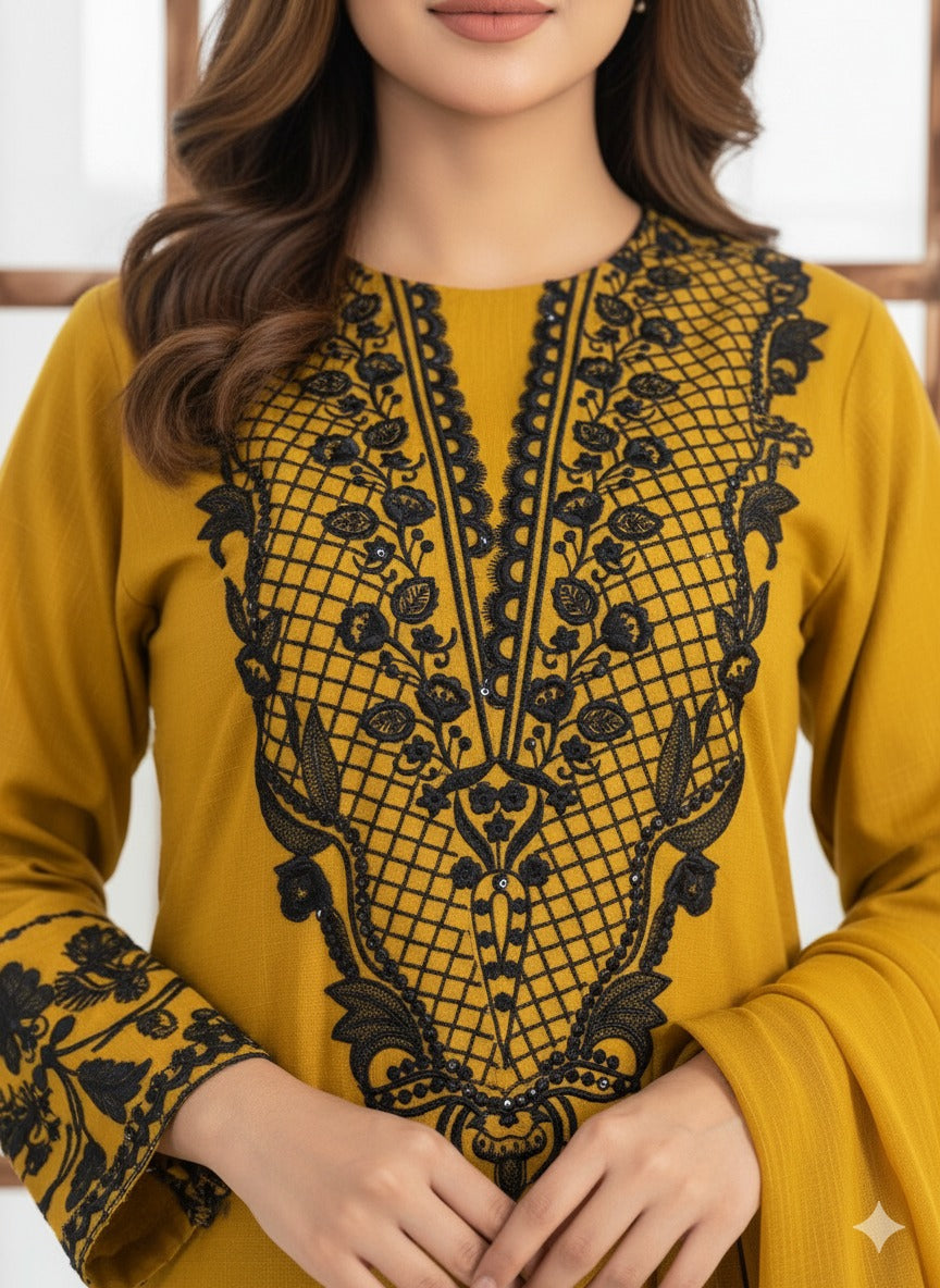 Abeera Mustard Premium Fabric Pakistani Winter Dresses - Sahiba-clothing - 2