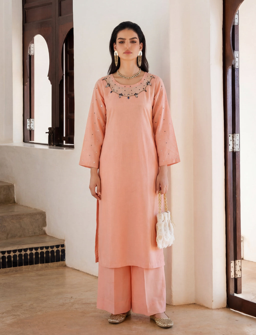 Azmira Peach Premium Fabric Pakistani Summer Dresses - Sahiba-clothing - 1