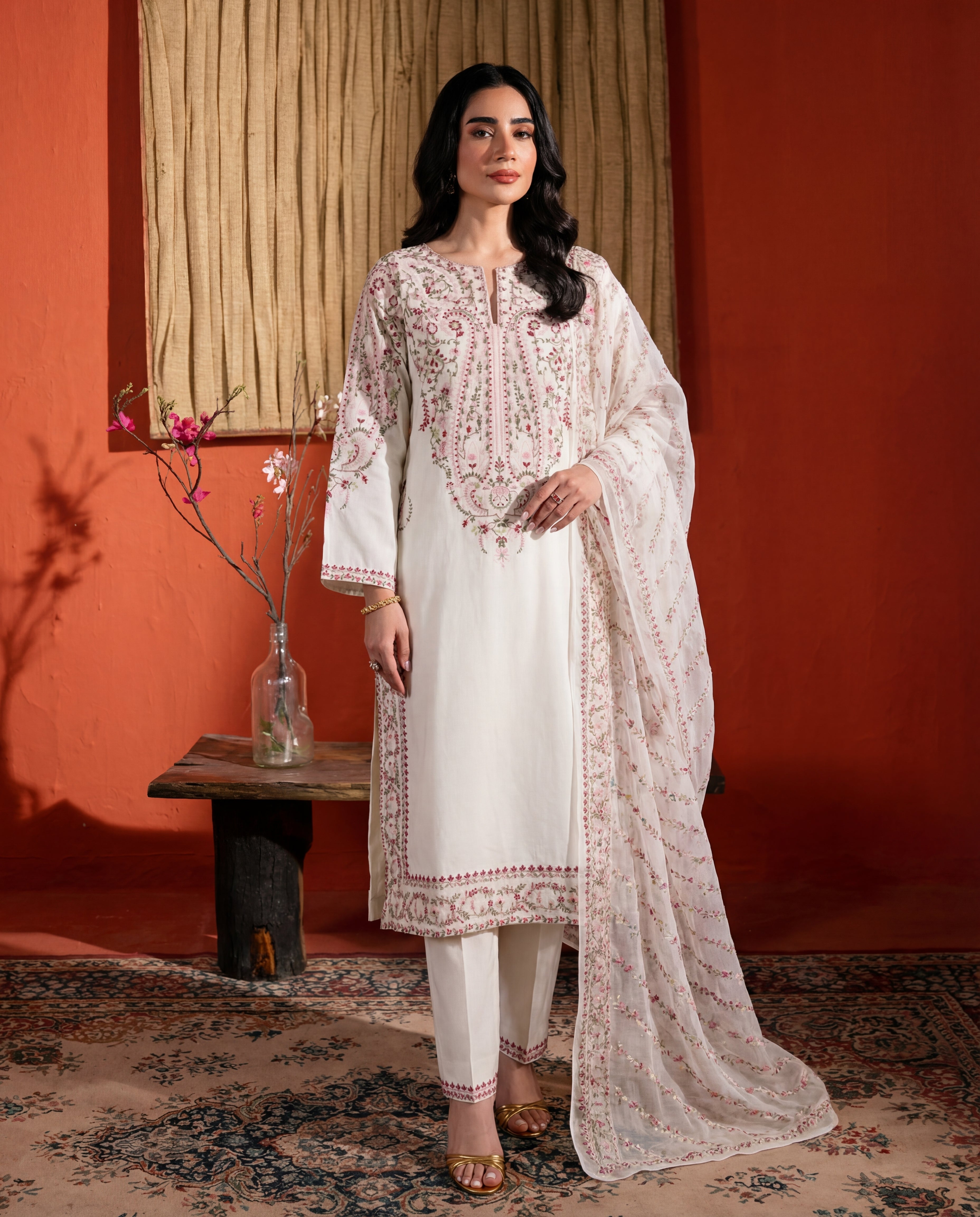 Basanti white Premium Fabric Pakistani Summer Dresses - Sahiba-clothing - 1