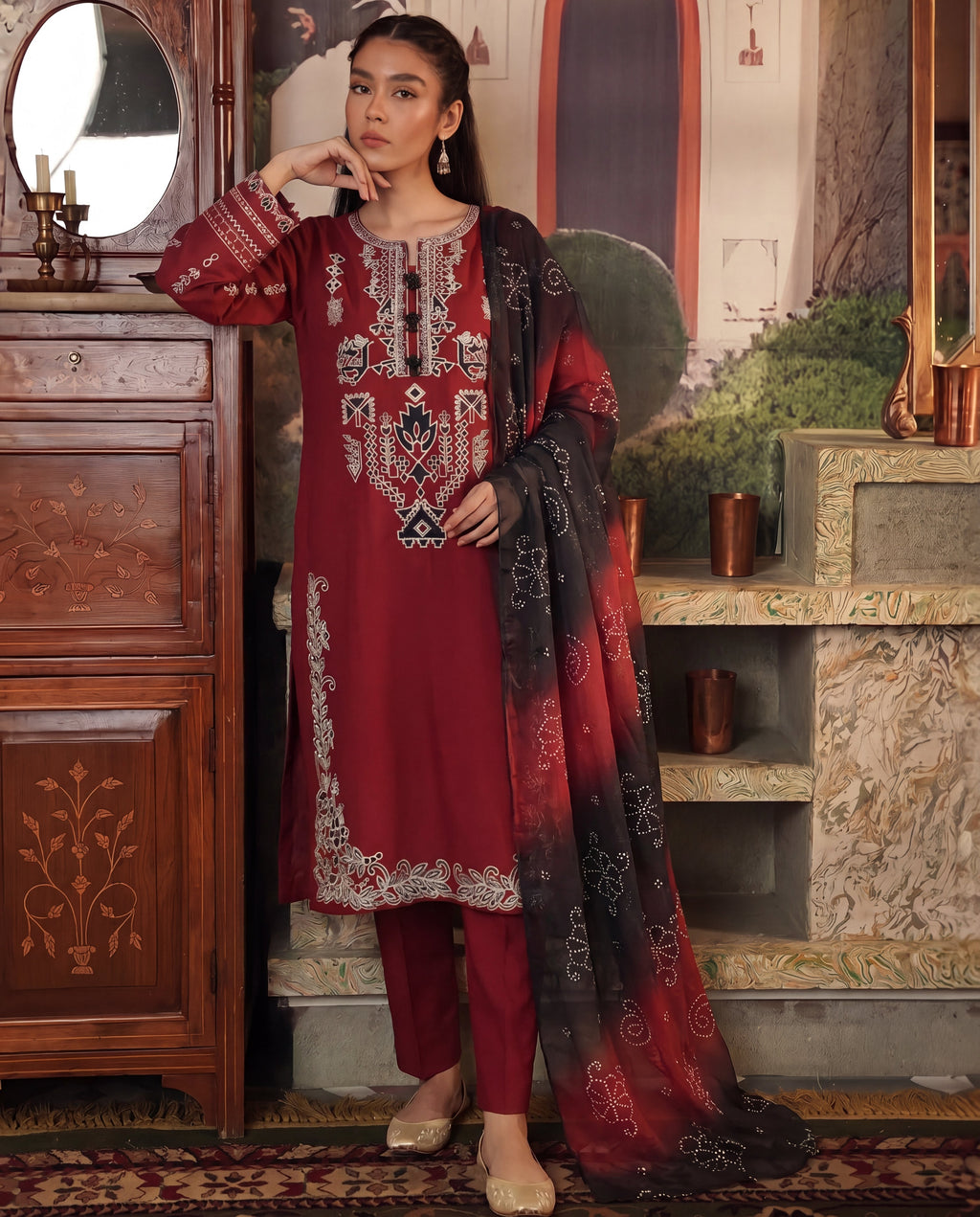 Crowne Maroon Premium Fabric Pakistani Summer Dresses - Sahiba-clothing - 1