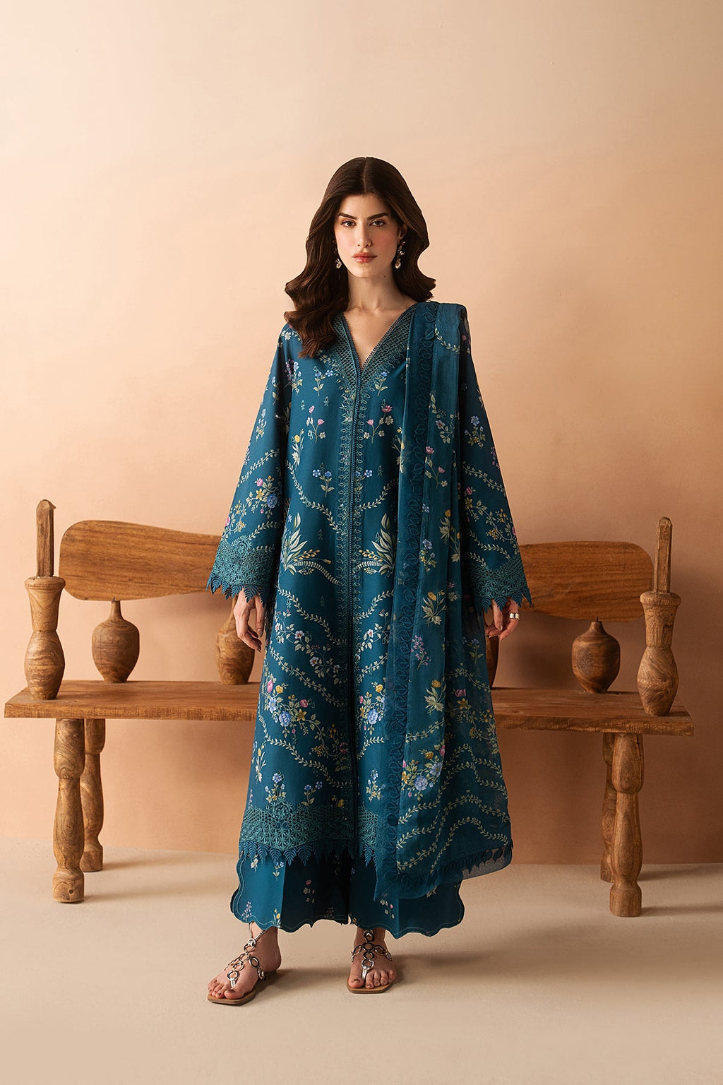 Luem Teal Premium Fabric Pakistani Summer Dresses - Afrozeh - 1