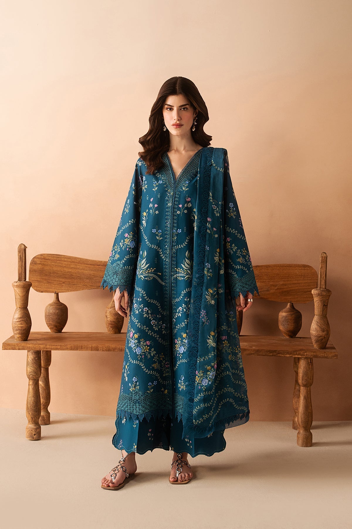 Luem Teal Premium Fabric Pakistani Summer Dresses - Afrozeh - 1