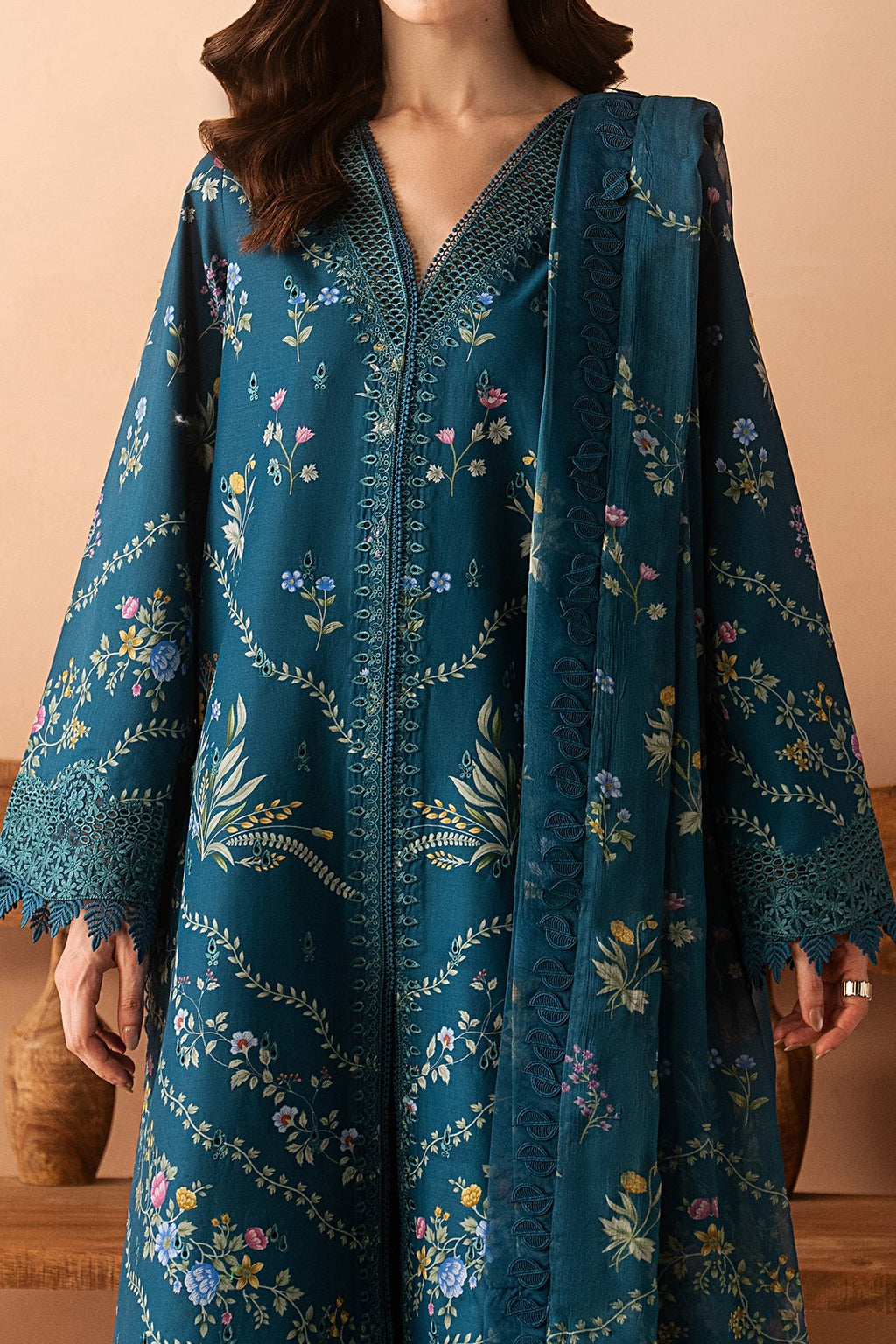 Luem Teal Premium Fabric Pakistani Summer Dresses - Afrozeh - 2