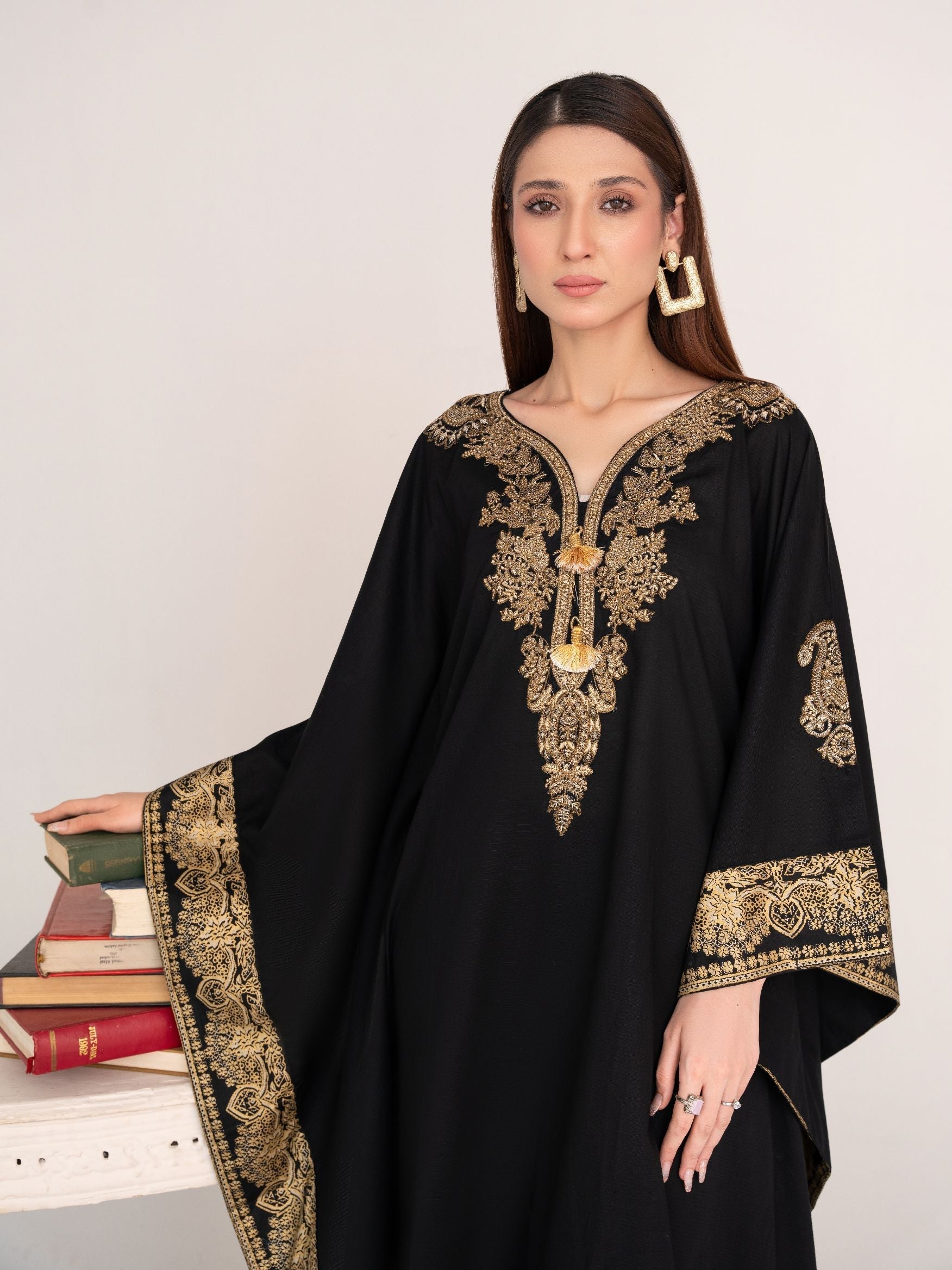 Crescent (Black) - Kaftan Premium Fabric Pakistani Summer Dresses - Sahiba-clothing - 2