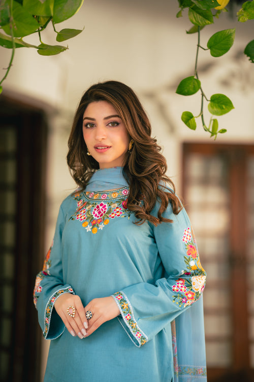 Ayza Blue Premium Fabric Pakistani Summer Dresses - Sahiba-clothing - 2