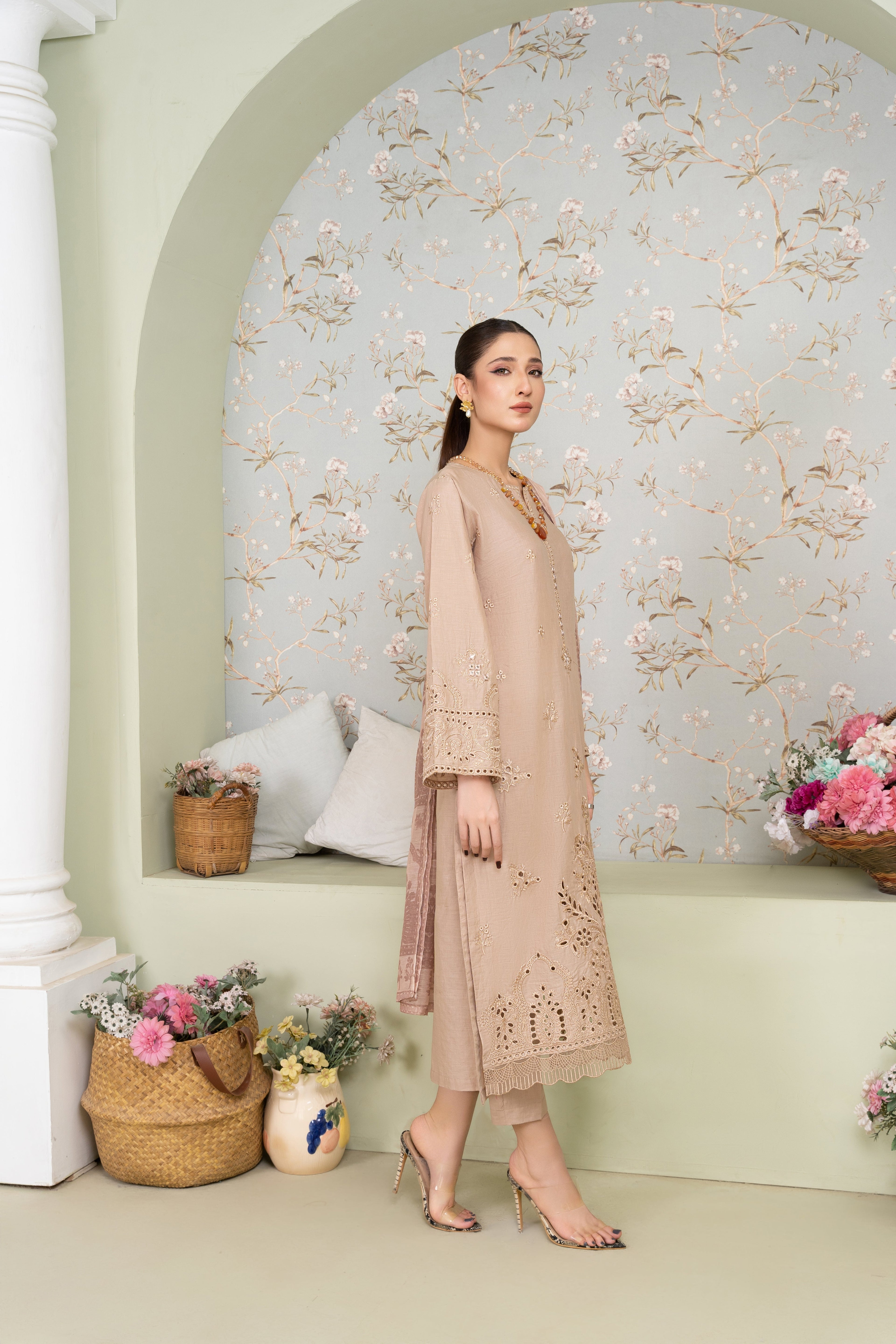 Vanzila - Beige Premium Fabric Pakistani Summer Dresses - Sahiba-clothing - 7