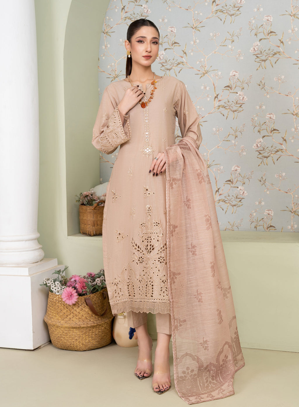 Vanzila - Beige Premium Fabric Pakistani Summer Dresses - Sahiba-clothing - 1