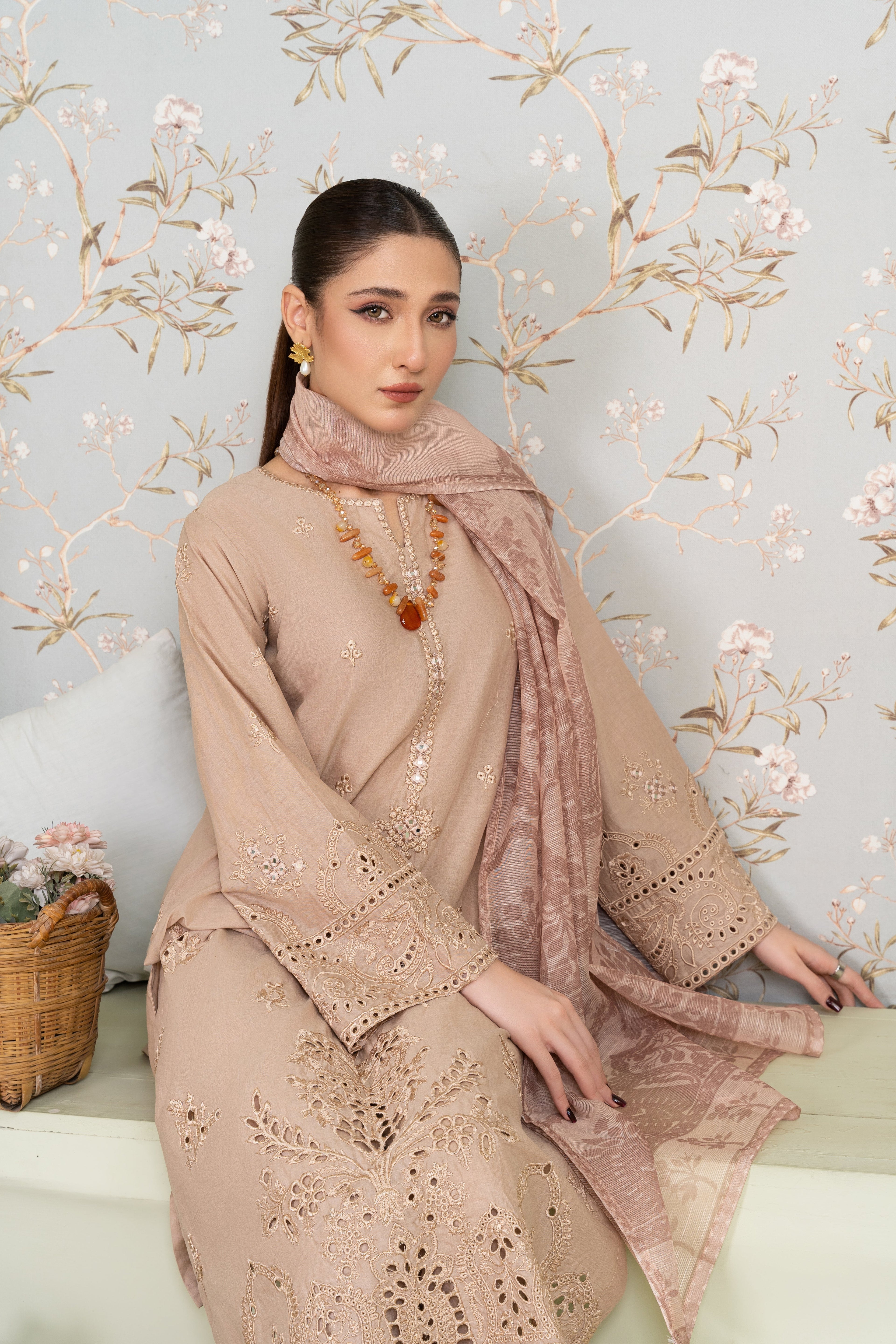 Vanzila - Beige Premium Fabric Pakistani Summer Dresses - Sahiba-clothing - 5