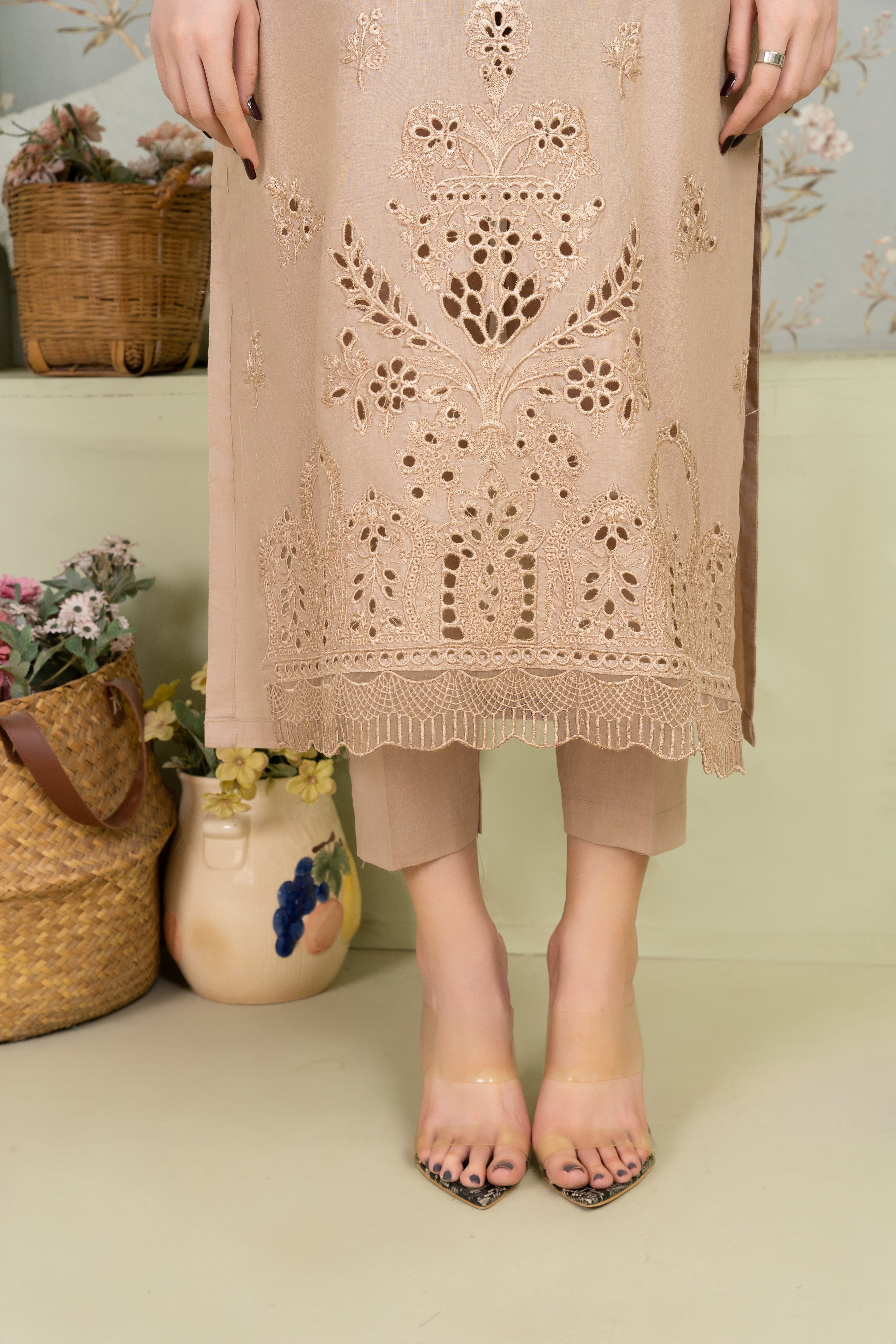 Vanzila - Beige Premium Fabric Pakistani Summer Dresses - Sahiba-clothing - 3