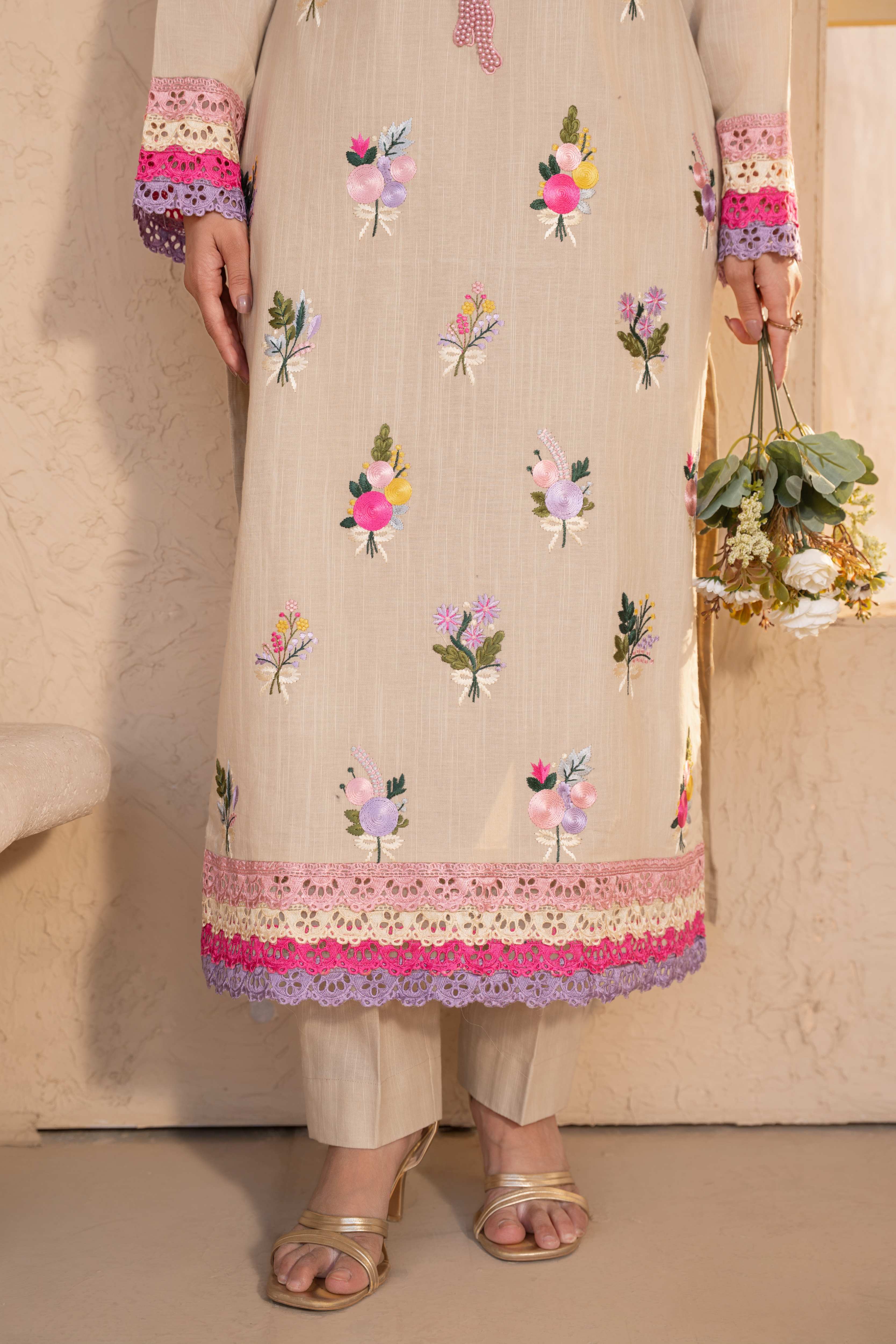 Faiqa - Beige Premium Fabric Pakistani Summer Dresses - Sahiba-clothing - 4
