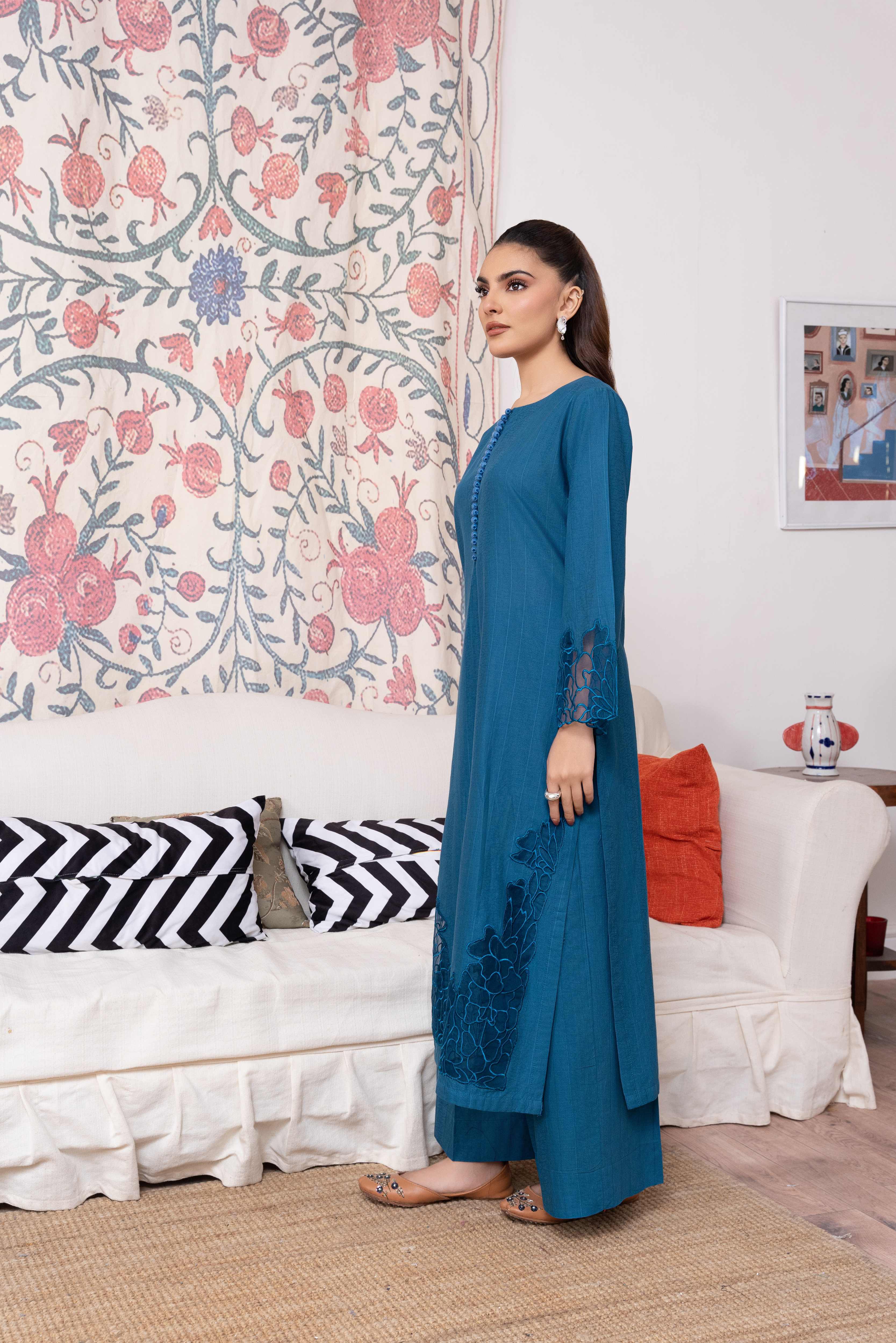 Calico - Blue Cotton Pakistani Summer Dresses - Sahiba-clothing - 7