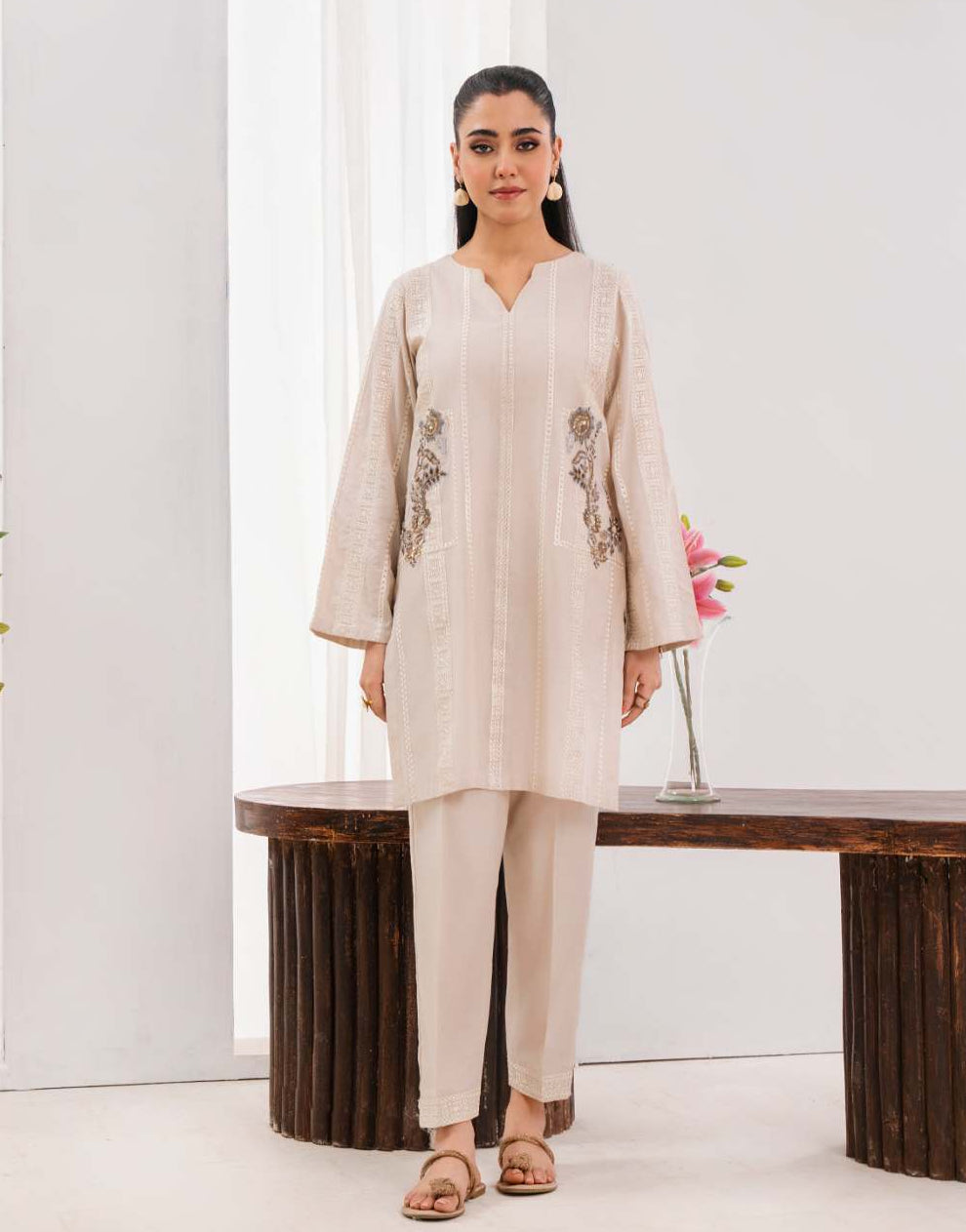 Nishat - Ivory Premium Fabric Pakistani Winter Dresses - Sahiba-clothing - 1