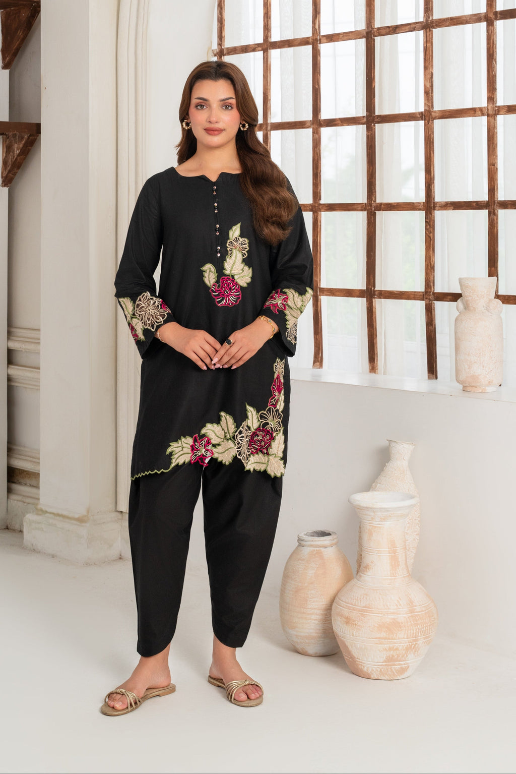 Floris - Black Premium Fabric Pakistani Summer Dresses - Sahiba-clothing - 1