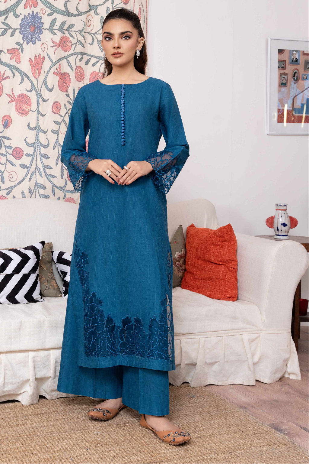 Calico - Blue Cotton Pakistani Summer Dresses - Sahiba-clothing - 1