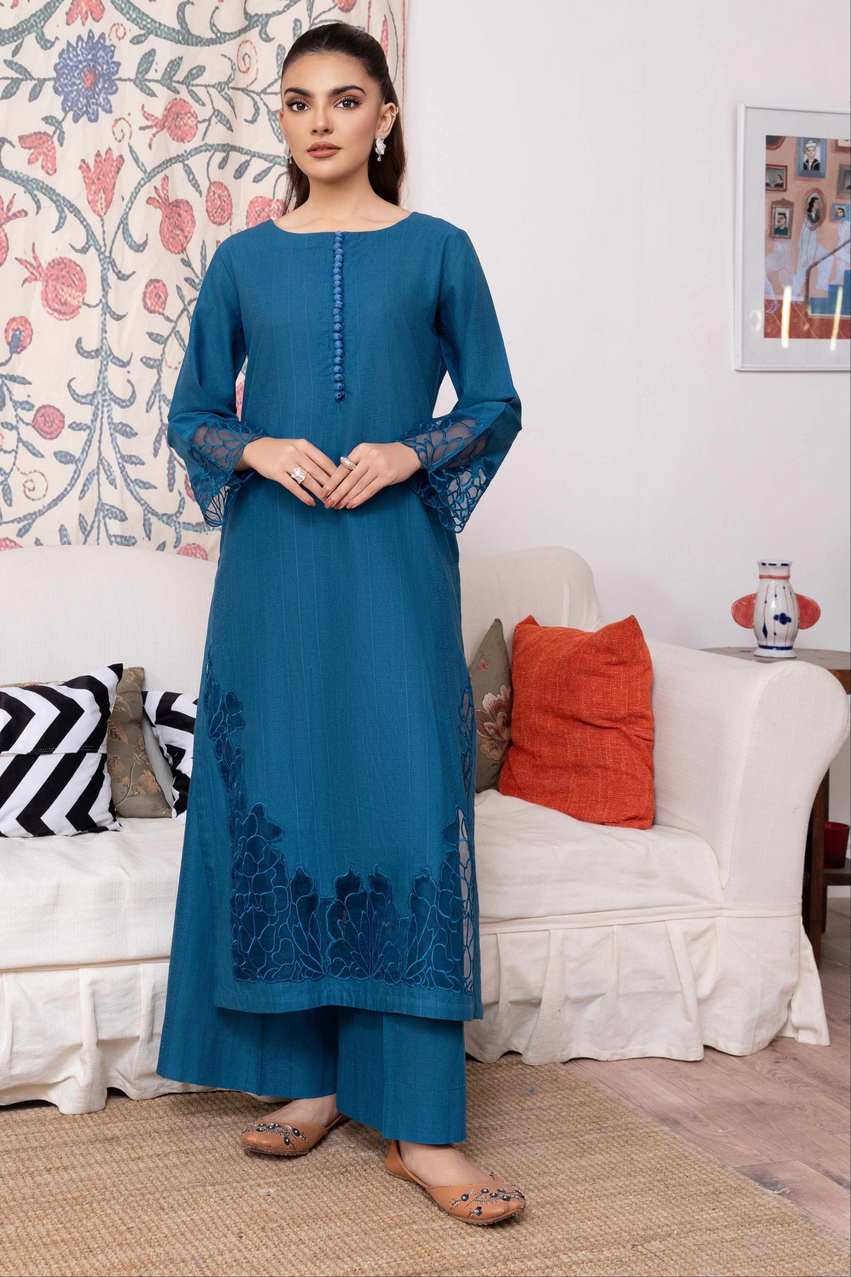 Calico - Blue Cotton Pakistani Summer Dresses - Sahiba-clothing - 1