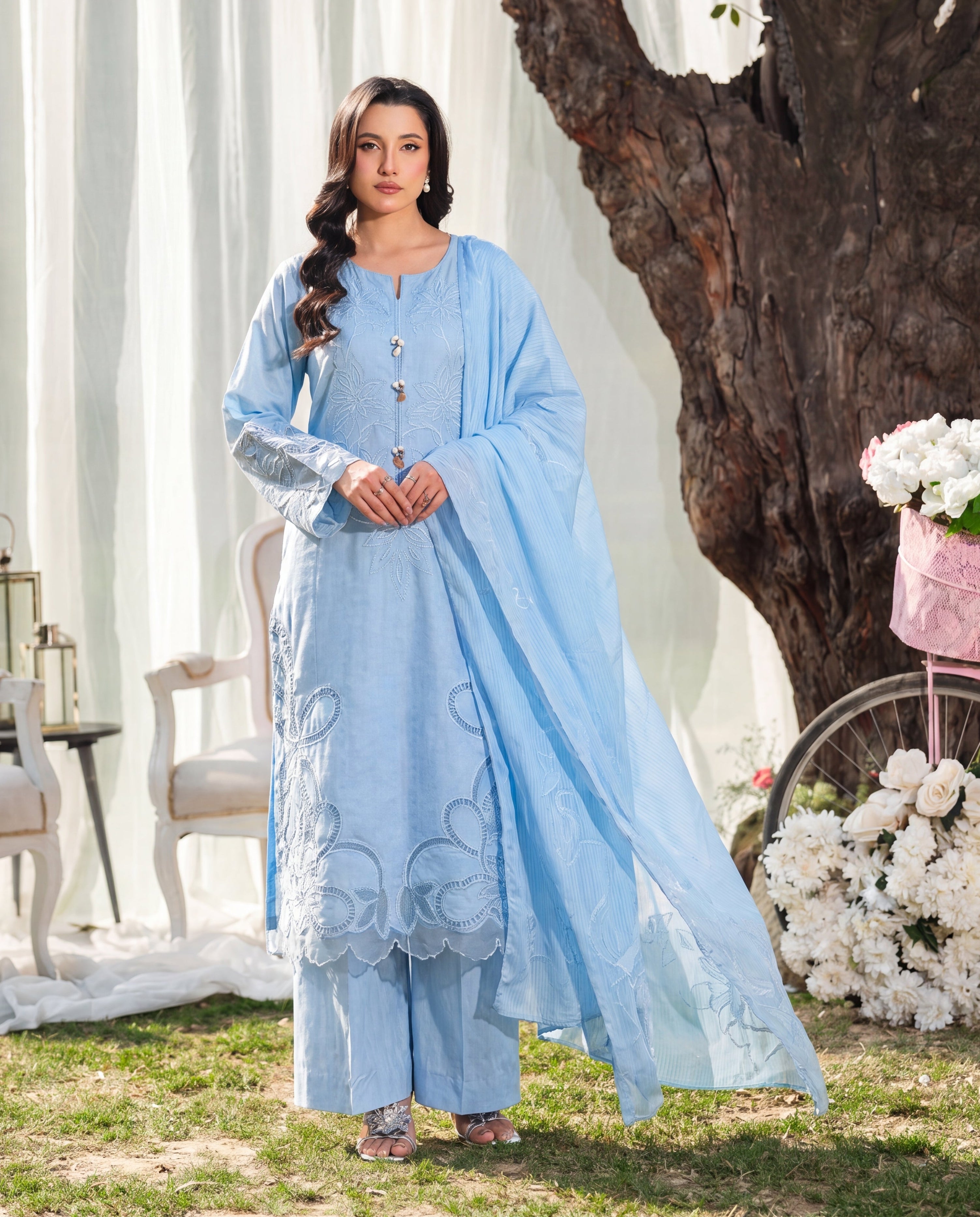 Clockleshell Blue Premium Fabric Pakistani Summer Dresses - Sahiba-clothing - 1