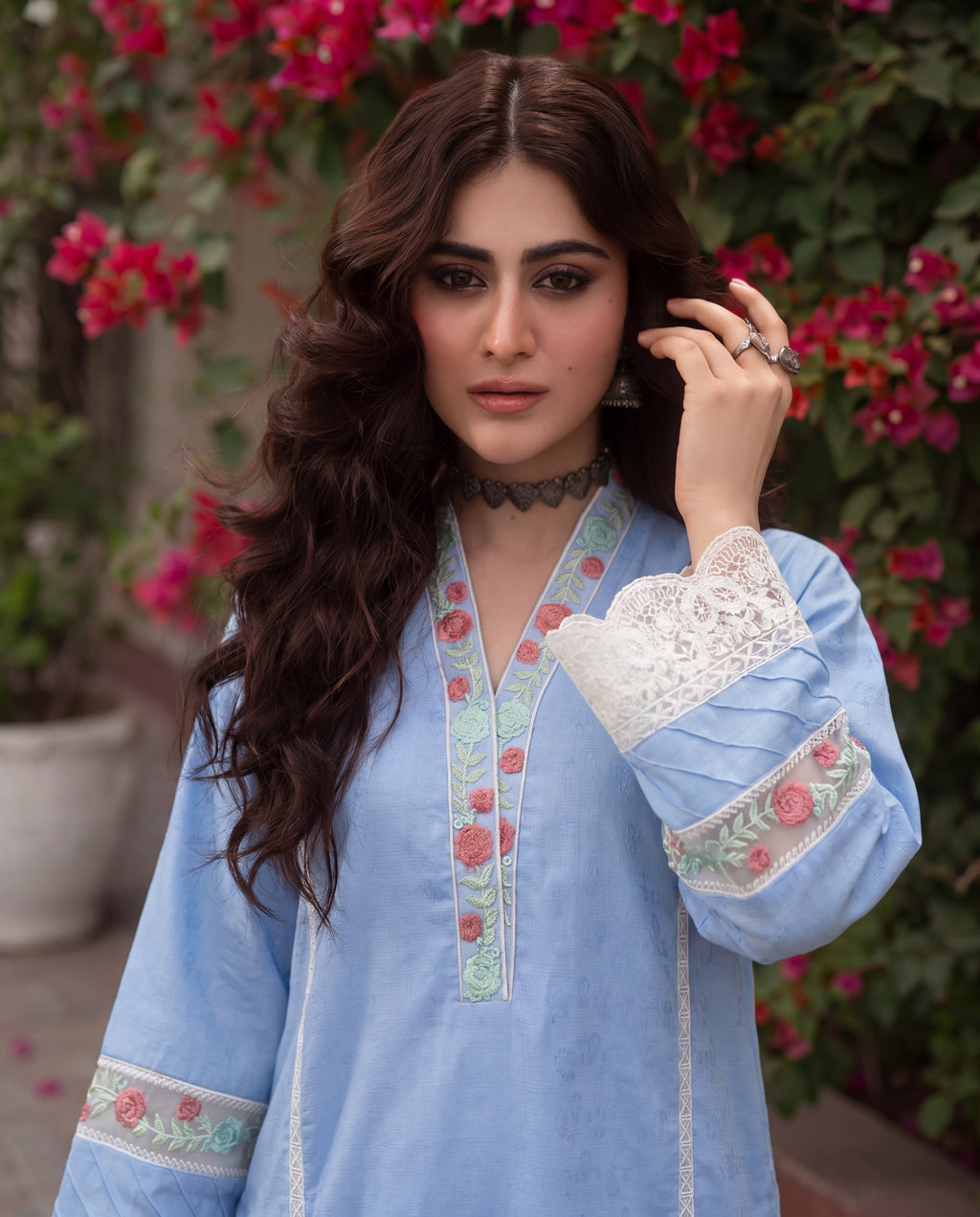 Moonflower Blue Premium Fabric Pakistani Summer Dresses - Sahiba-clothing - 2