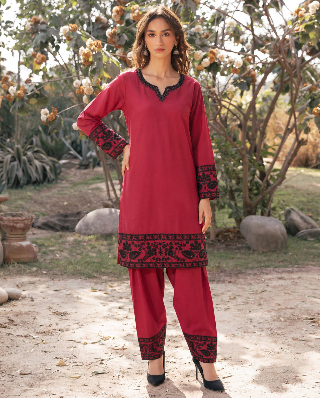 Madiha- Maroon Premium Fabric Pakistani Summer Dresses - Sahiba-clothing - 1