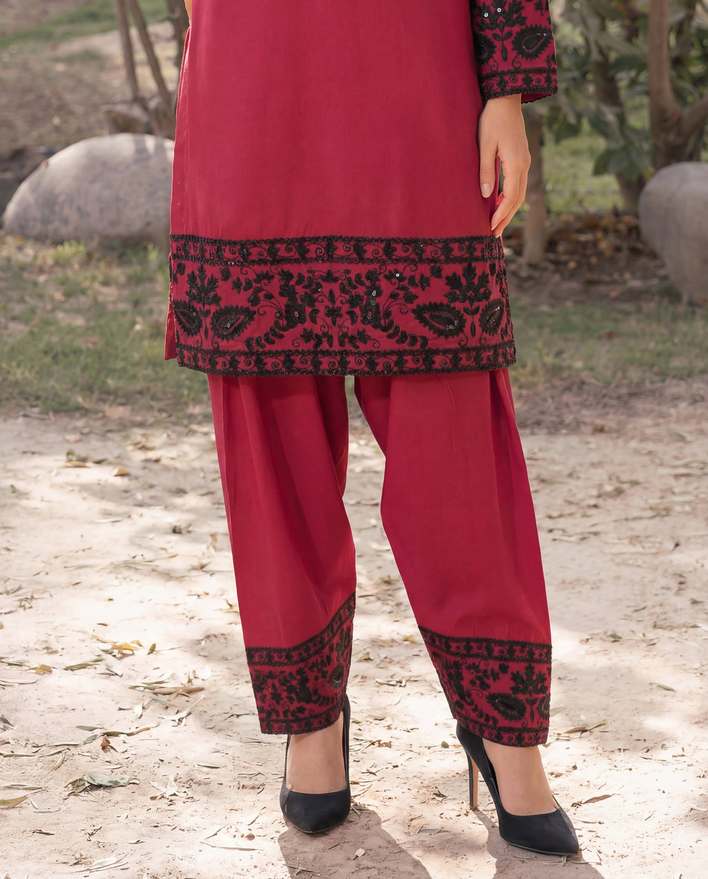 Madiha- Maroon Premium Fabric Pakistani Summer Dresses - Sahiba-clothing - 3
