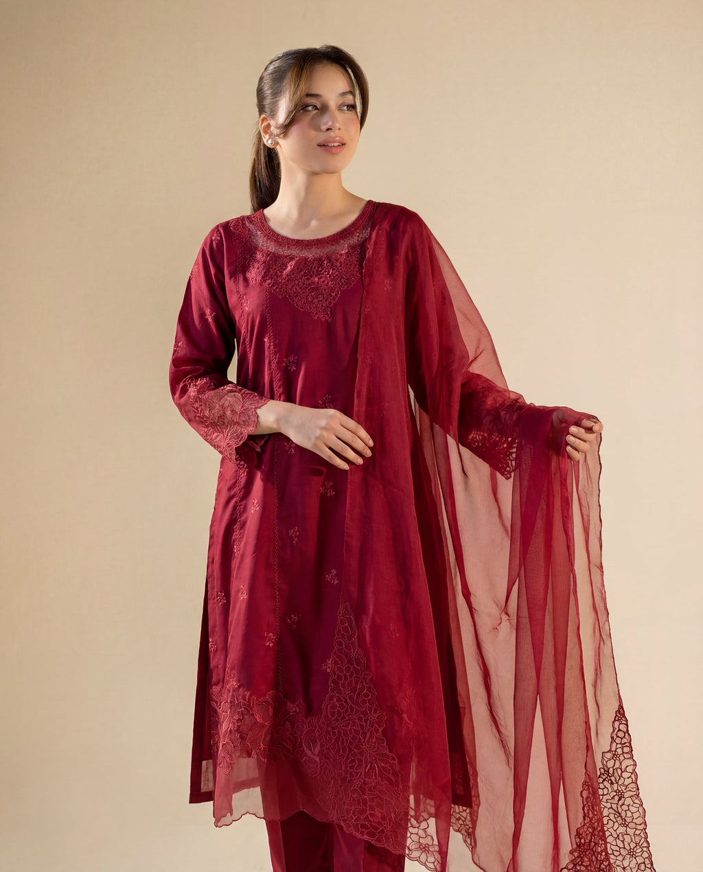 Namar - Maroon Premium Fabric Pakistani Summer Dresses - Sahiba-clothing - 6