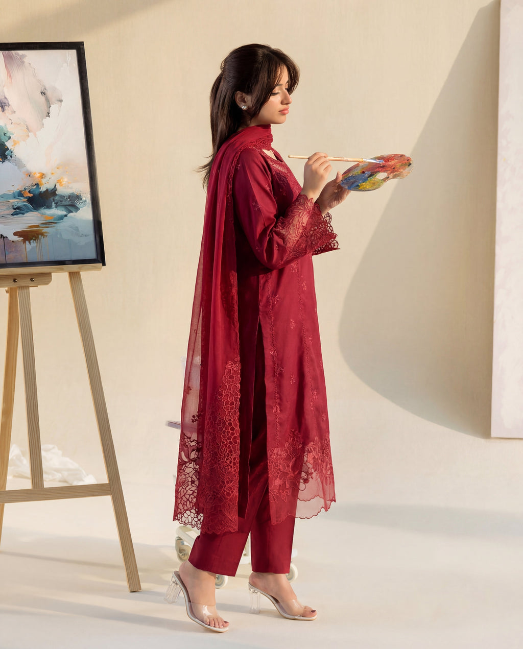 Namar - Maroon Premium Fabric Pakistani Summer Dresses - Sahiba-clothing - 5