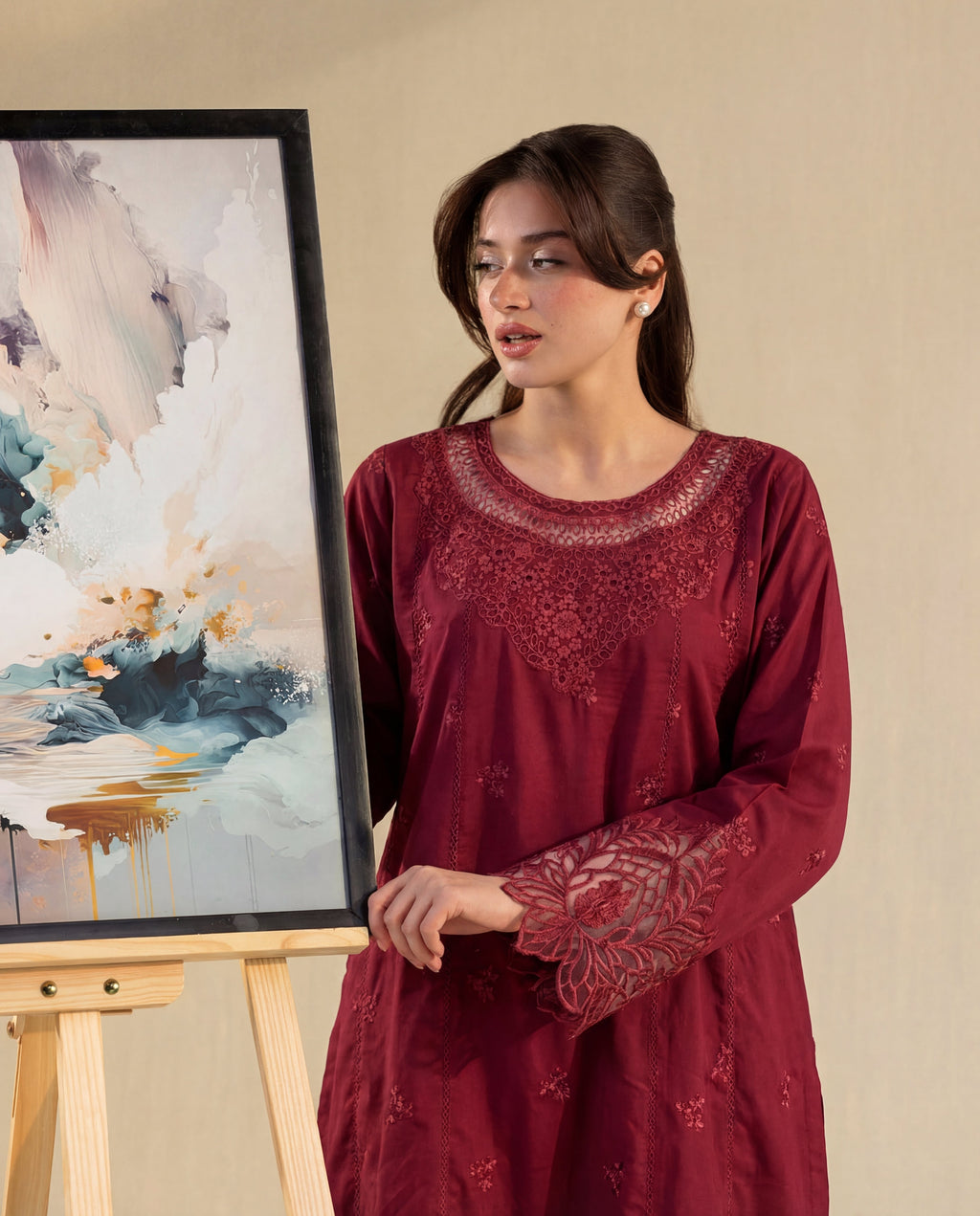Namar - Maroon Premium Fabric Pakistani Summer Dresses - Sahiba-clothing - 3