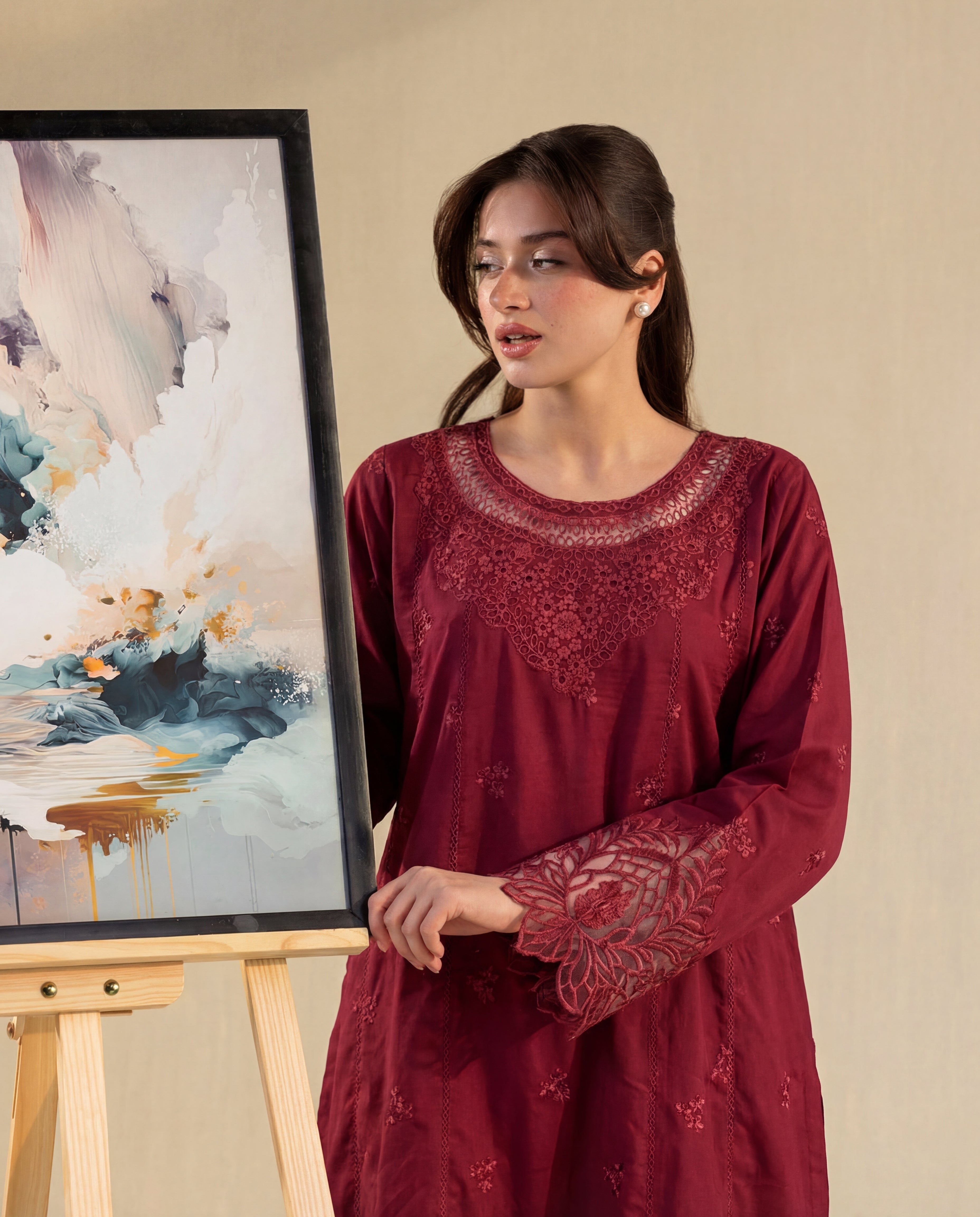 Namar - Maroon Premium Fabric Pakistani Summer Dresses - Sahiba-clothing - 3