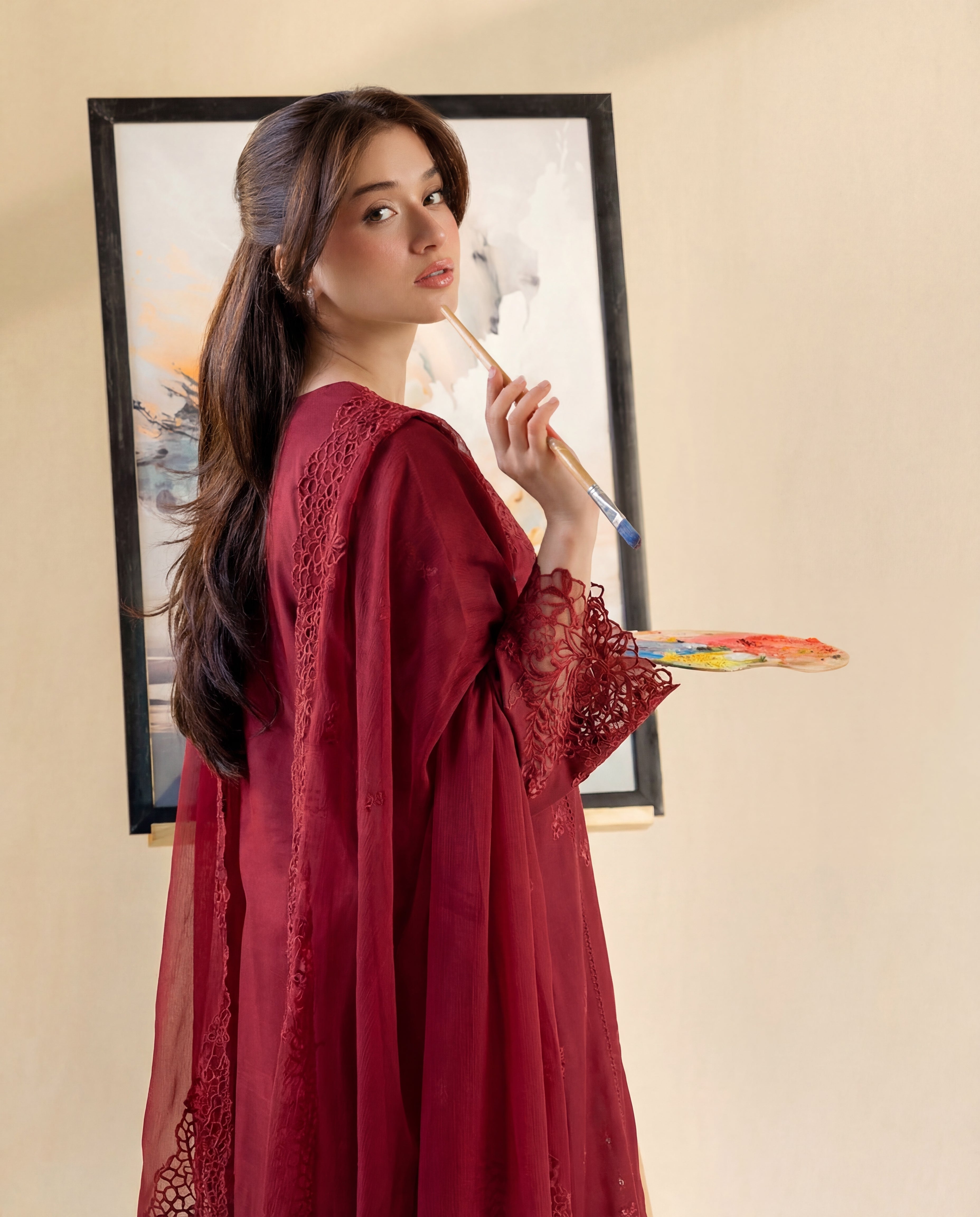 Namar - Maroon Premium Fabric Pakistani Summer Dresses - Sahiba-clothing - 2