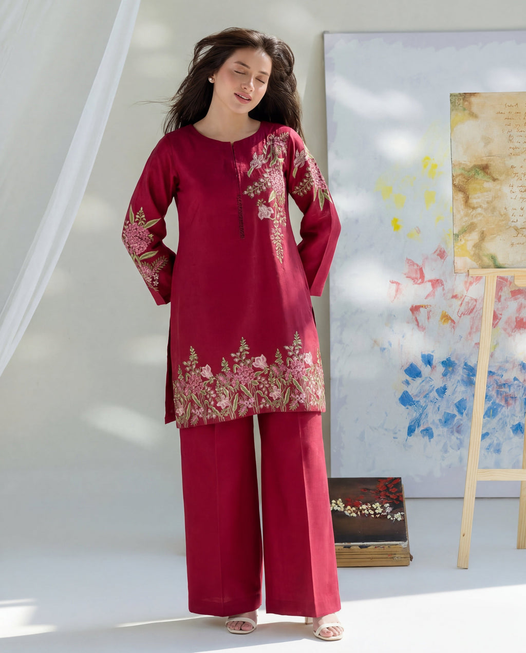 Orwiya - Maroon Premium Fabric Pakistani Summer Dresses - Sahiba-clothing - 7