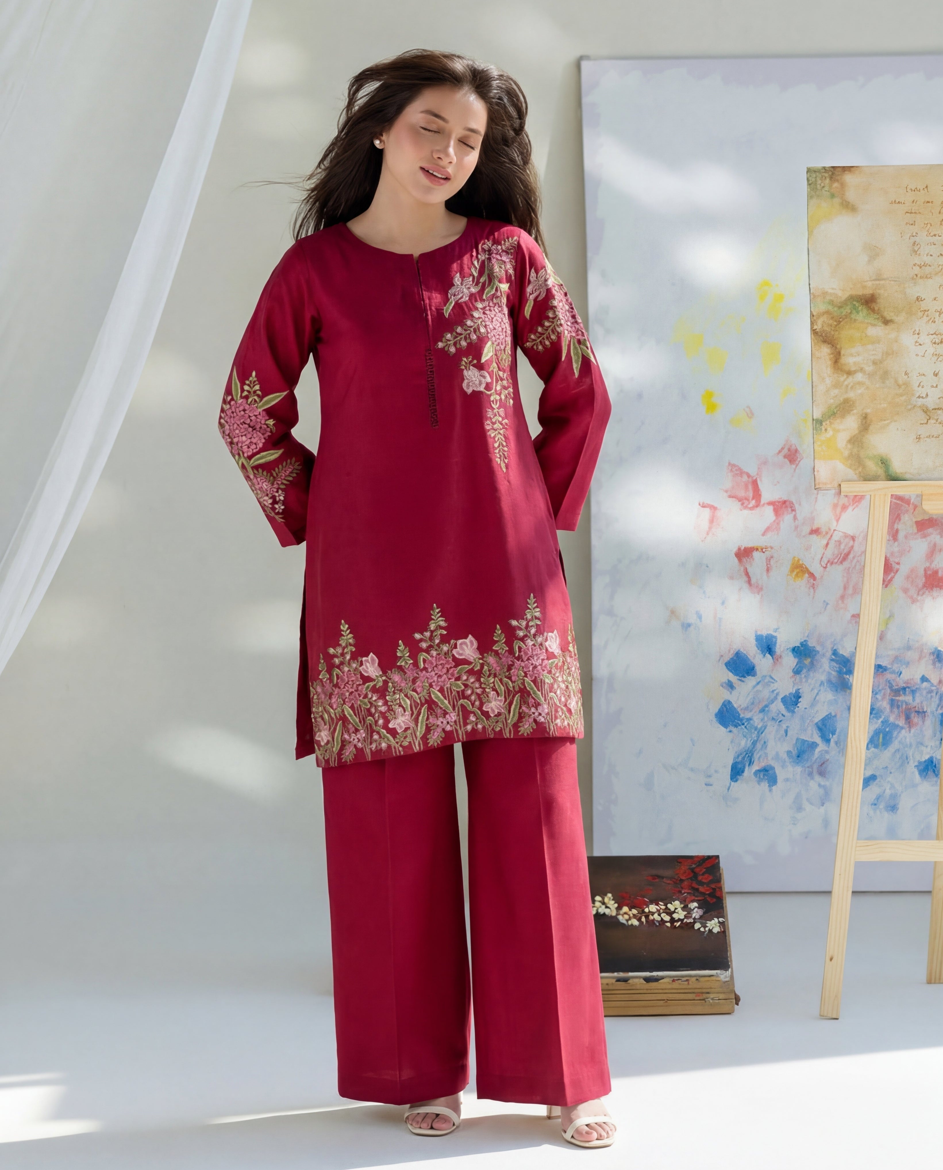 Orwiya - Maroon Premium Fabric Pakistani Summer Dresses - Sahiba-clothing - 7