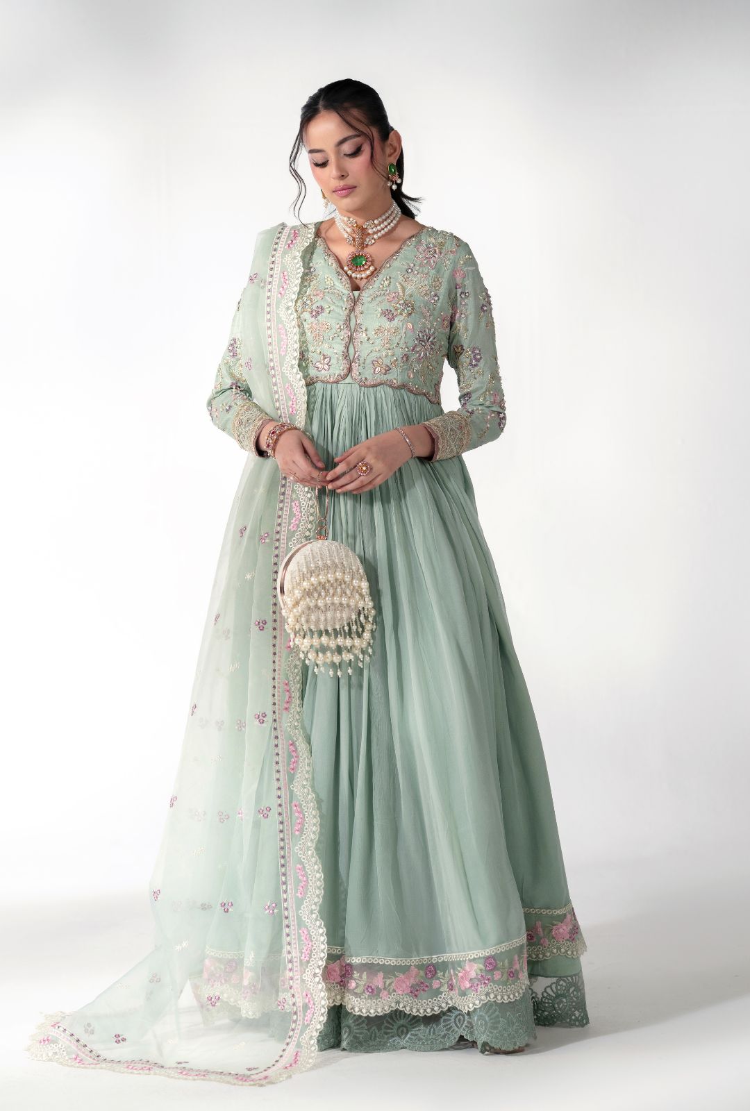 Satin Serenity Embroidered Pakistani Dress