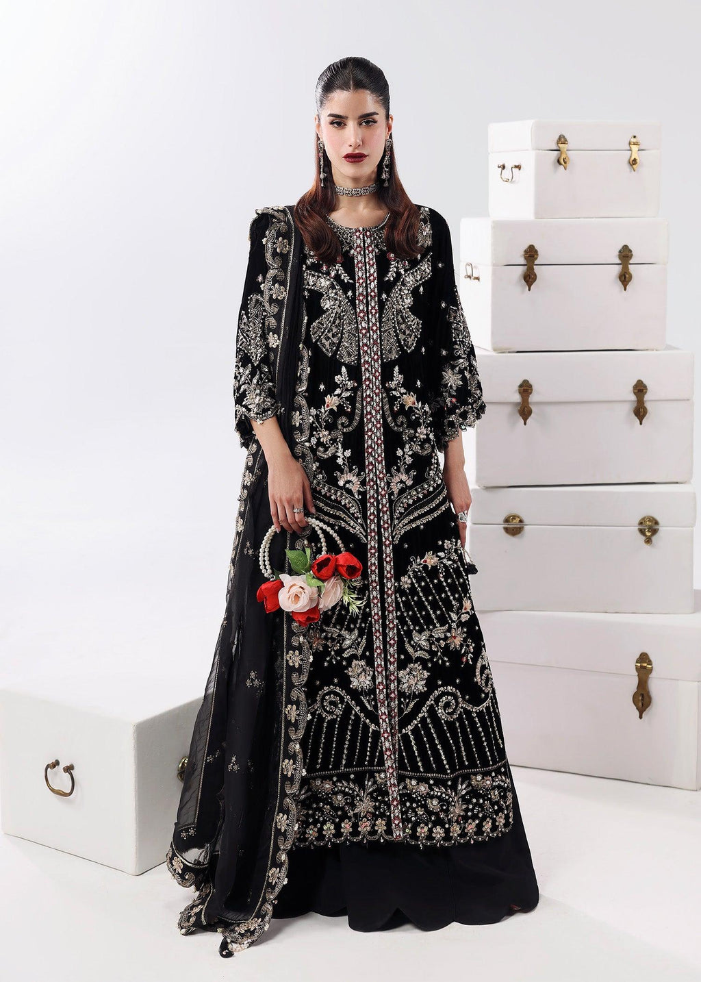 Black Swan Raw Silk Pakistani Formal Dresses