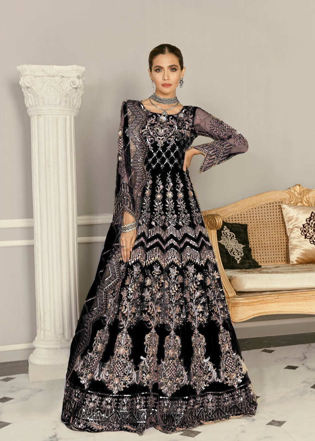 Wisteria Black Russian Grip Pakistani Formal Dresses