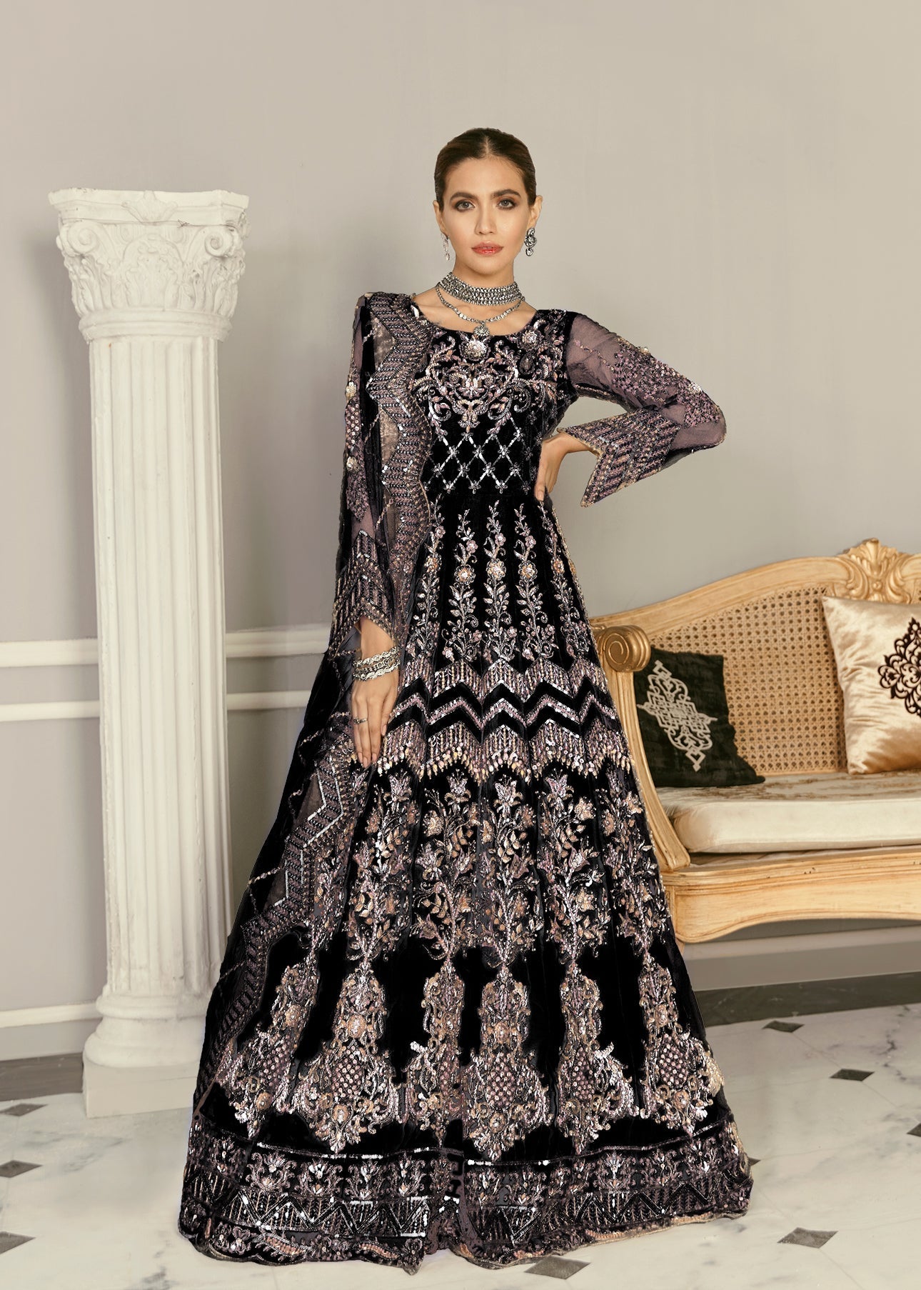 Wisteria Black Russian Grip Pakistani Formal Dresses